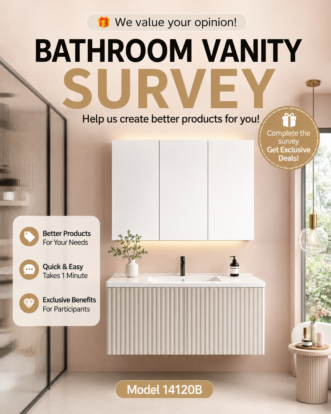 49a4827c-5b2a-4128-b4ac-e26093e7bdd3 Beige Fluted Floating Bathroom Vanity with LED Lighted Mirror Cabinet, Wall Mount Vanity Unit Model 14120B - 图片 1